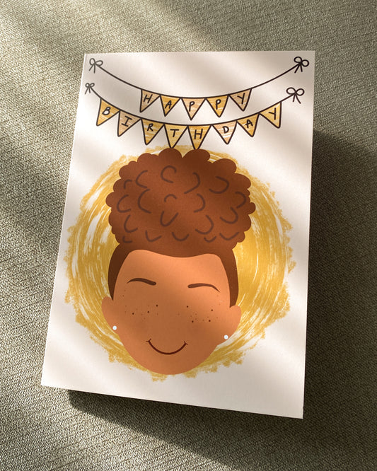 Kids Mini Birthday Card - Girl With Puff Si Si