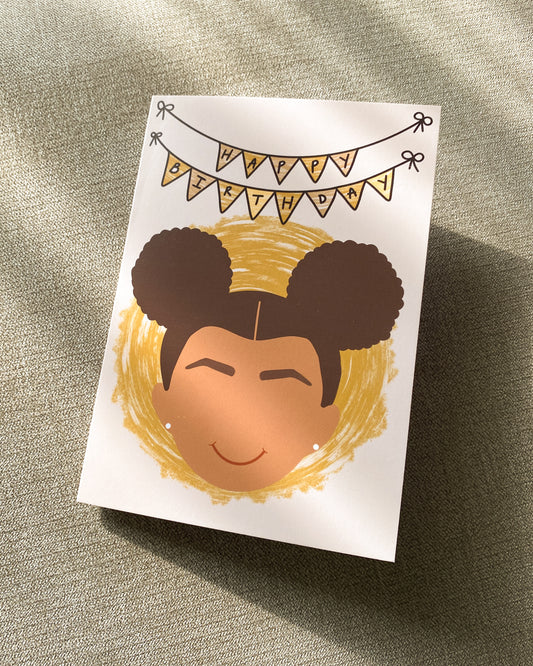 Kids Mini Birthday Card - Girl With Afro Puffs Savanna