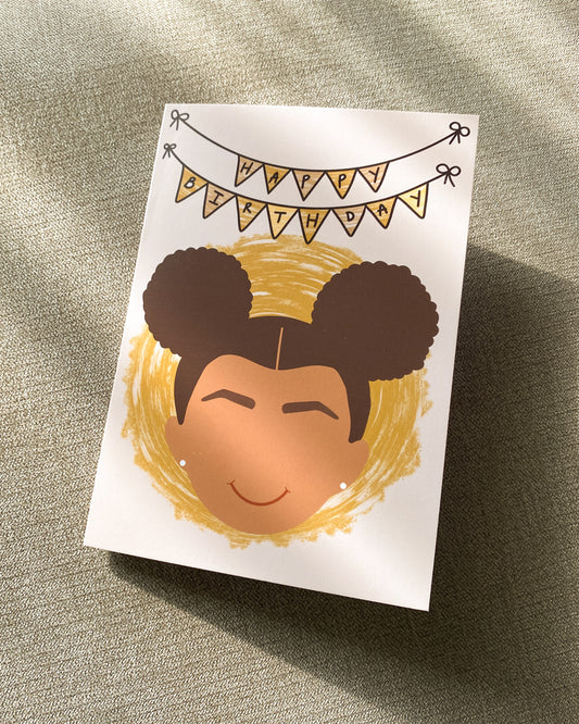 Kids Mini Birthday Card - Girl With Afro Puffs Savanna
