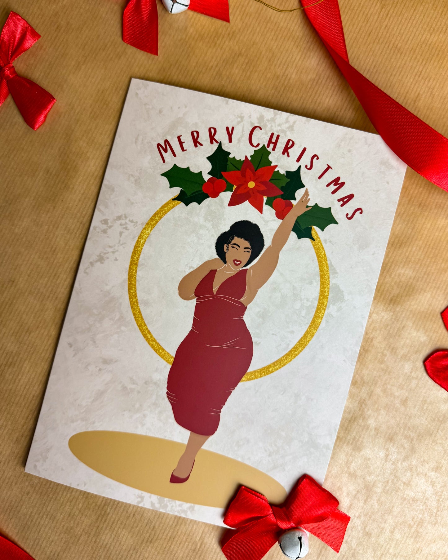 Katrina’s Christmas Party Ring- Black mixed race Woman Christmas Card