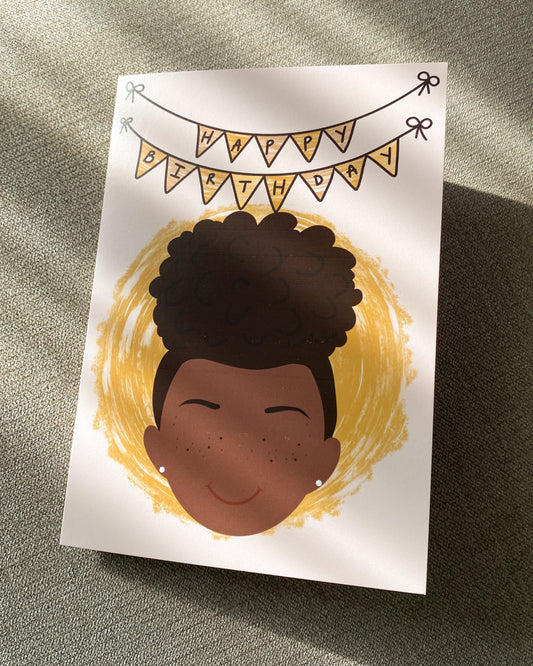 Kids Mini Birthday Card - Girl With Puff Hallie