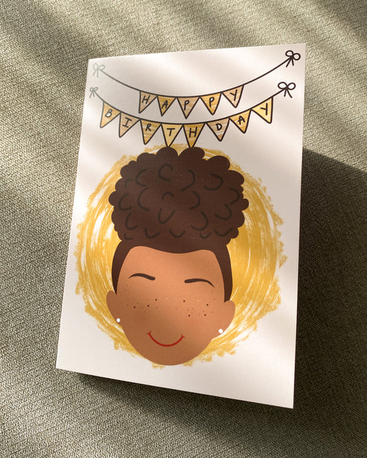 Kids Mini Birthday Card - Girl With Puff Zah Zah