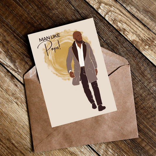 Man Like Pops Bald, Bearded & Suited Fathers Day Card.