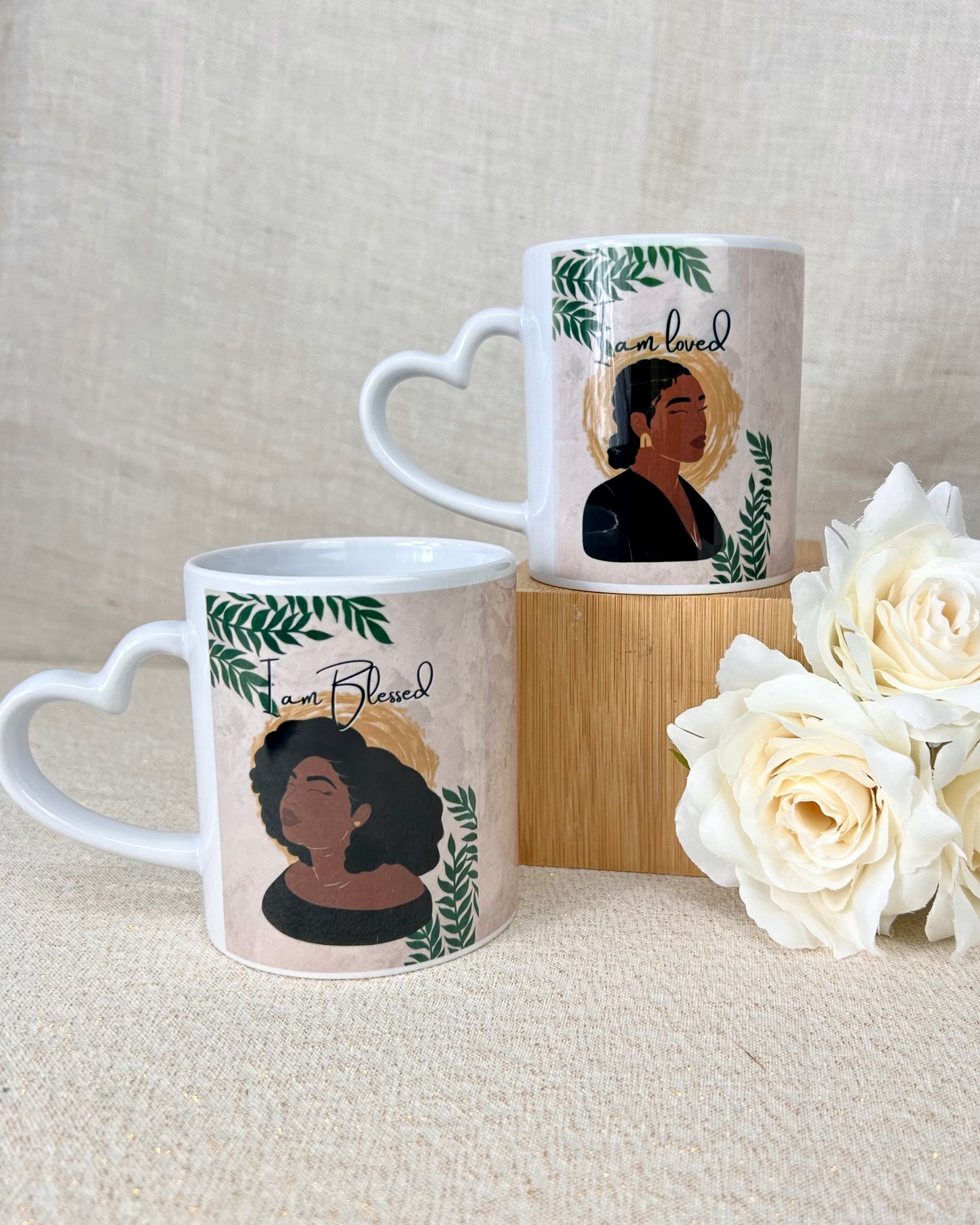 I Am Loved, I Am Blessed Heart Handle Mug Set