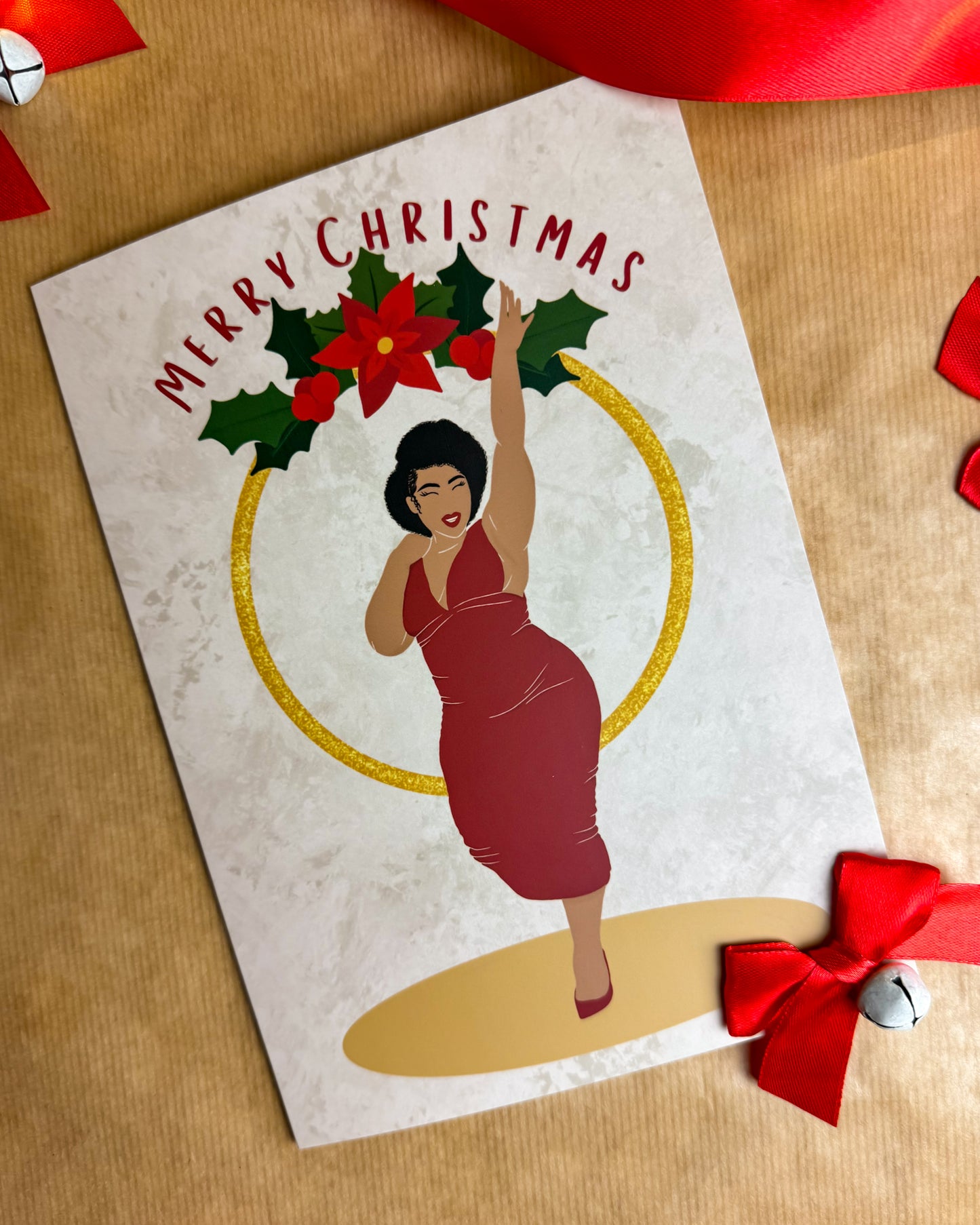 Katrina’s Christmas Party Ring- Black mixed race Woman Christmas Card