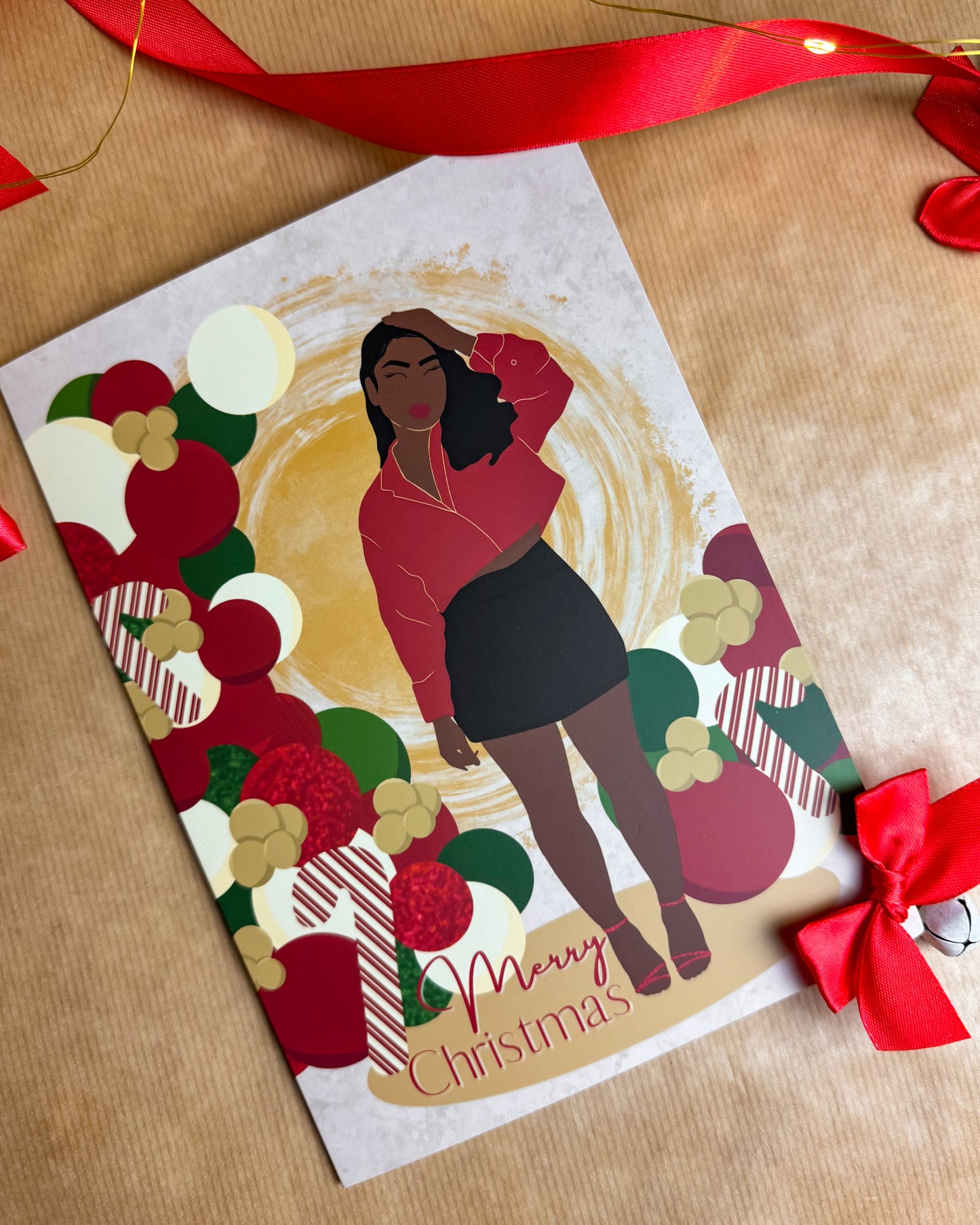 Vickys Christmas Party Balloons - Black Woman Christmas Card