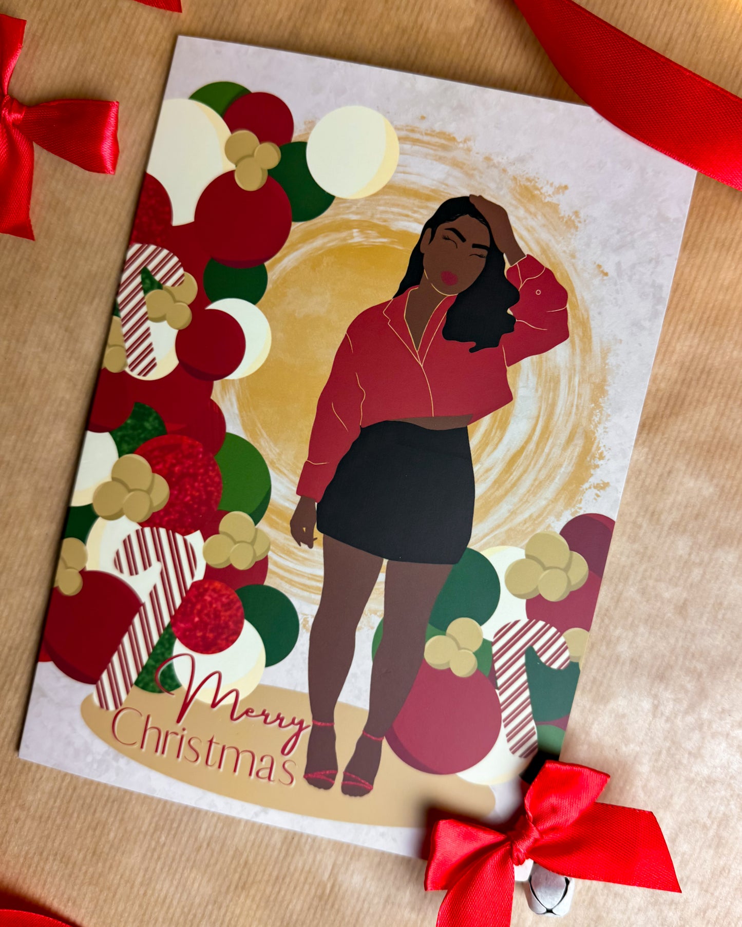 Vickys Christmas Party Balloons - Black Woman Christmas Card