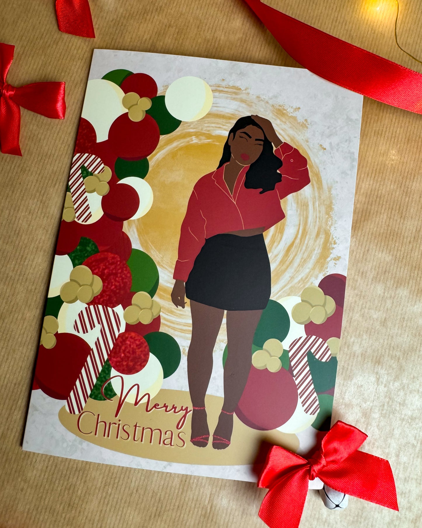 Vickys Christmas Party Balloons - Black Woman Christmas Card