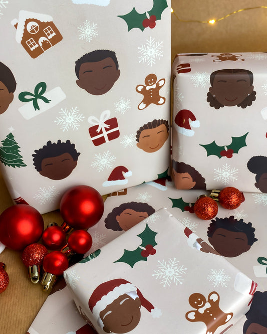 4 Sheet Multipack Black Kids Christmas Ethnic Mixed Race Children Wrapping Paper Gift Wrap Boys & Girls Boy little Girl