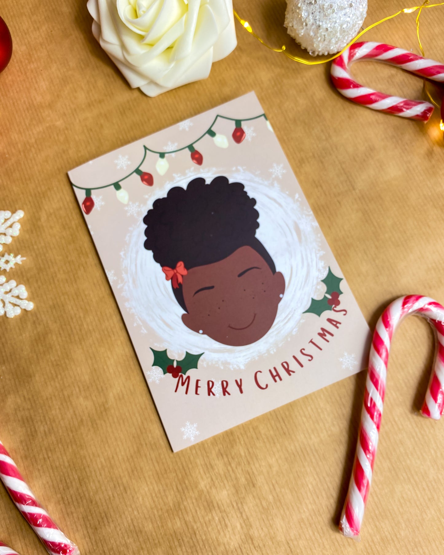 Black Girl Mini Christmas Card - Children's Seasons Greetings Holiday Card  Merry Christmas Card