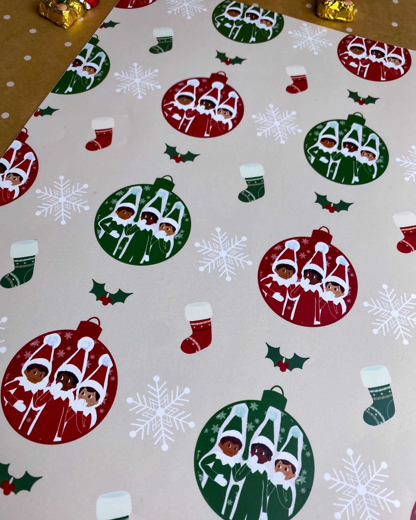 Christmas Elf Black Mixed Race Children Wrapping Paper Gift Wrap Boys & Girls Boy little Girl