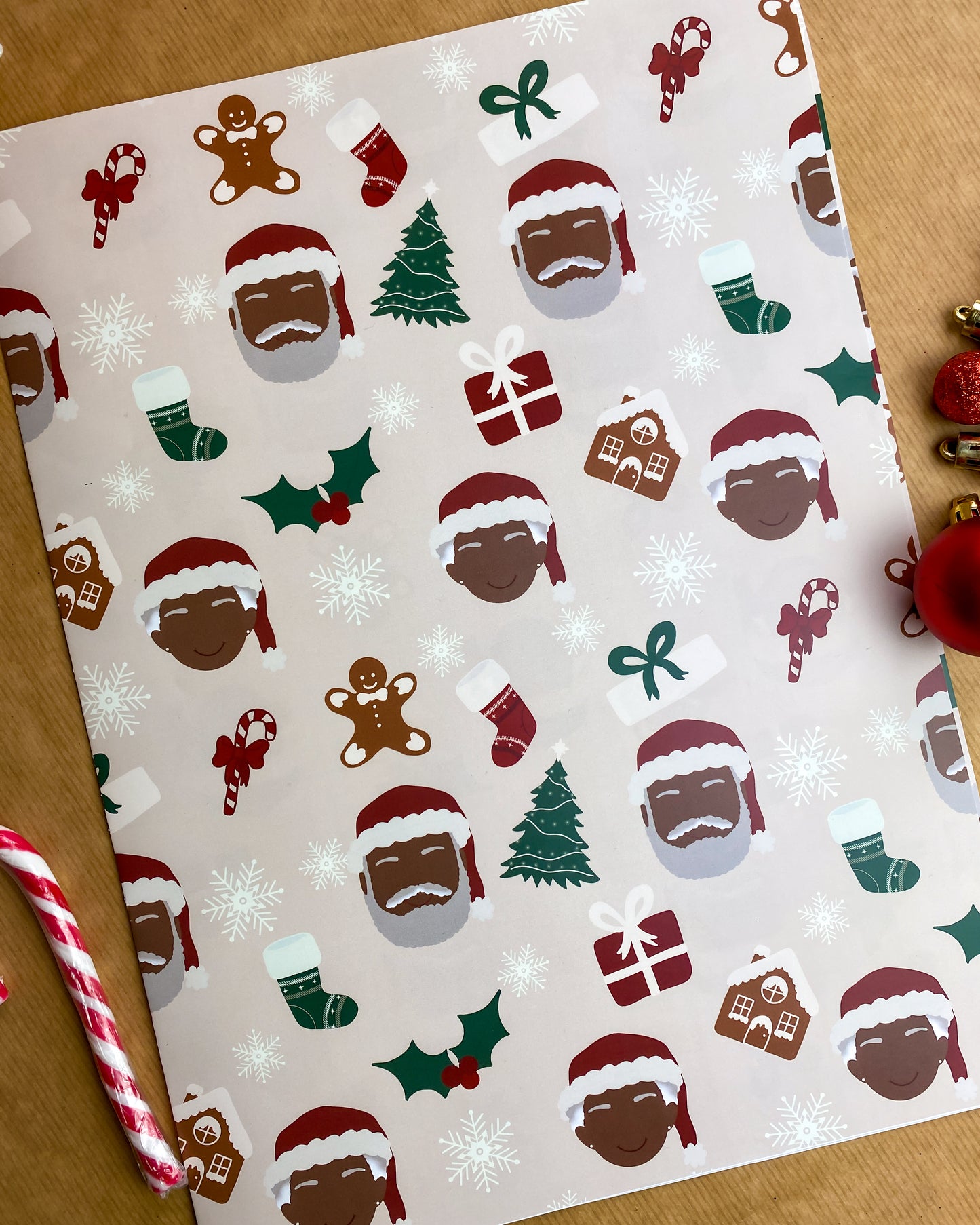 Black Santa and Snowman Doodle Christmas Wrapping Paper Roll
