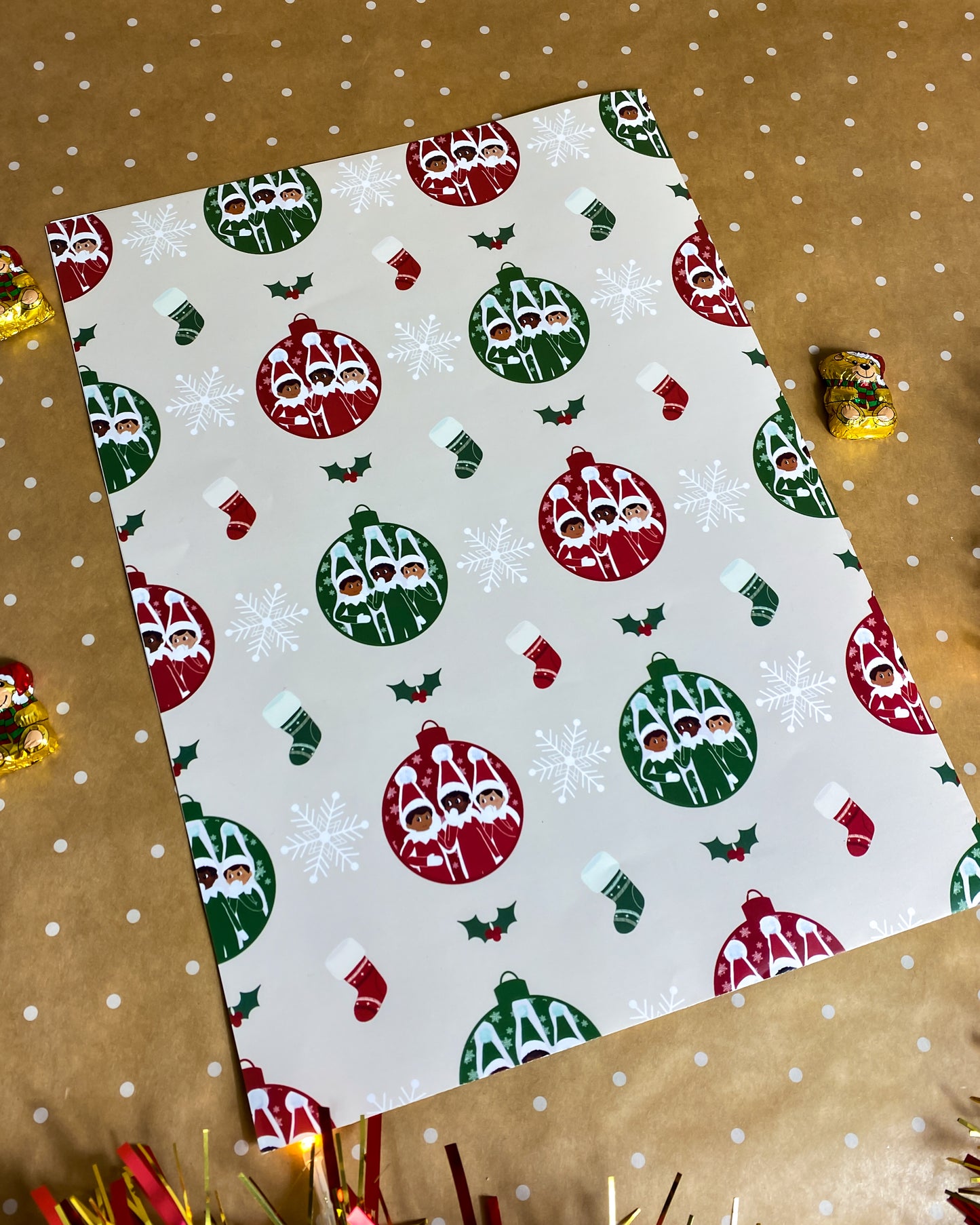 Christmas Elf Black Mixed Race Children Wrapping Paper Gift Wrap Boys & Girls Boy little Girl